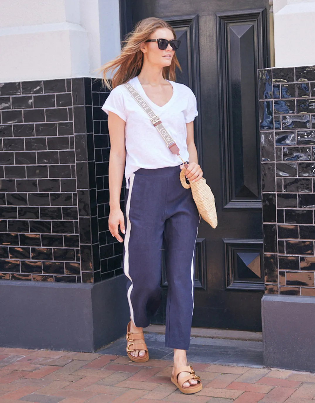 Deluxe 100% Linen Pants - Navy/White Stripe