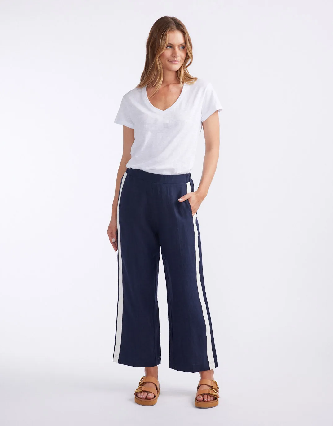 Deluxe 100% Linen Pants - Navy/White Stripe
