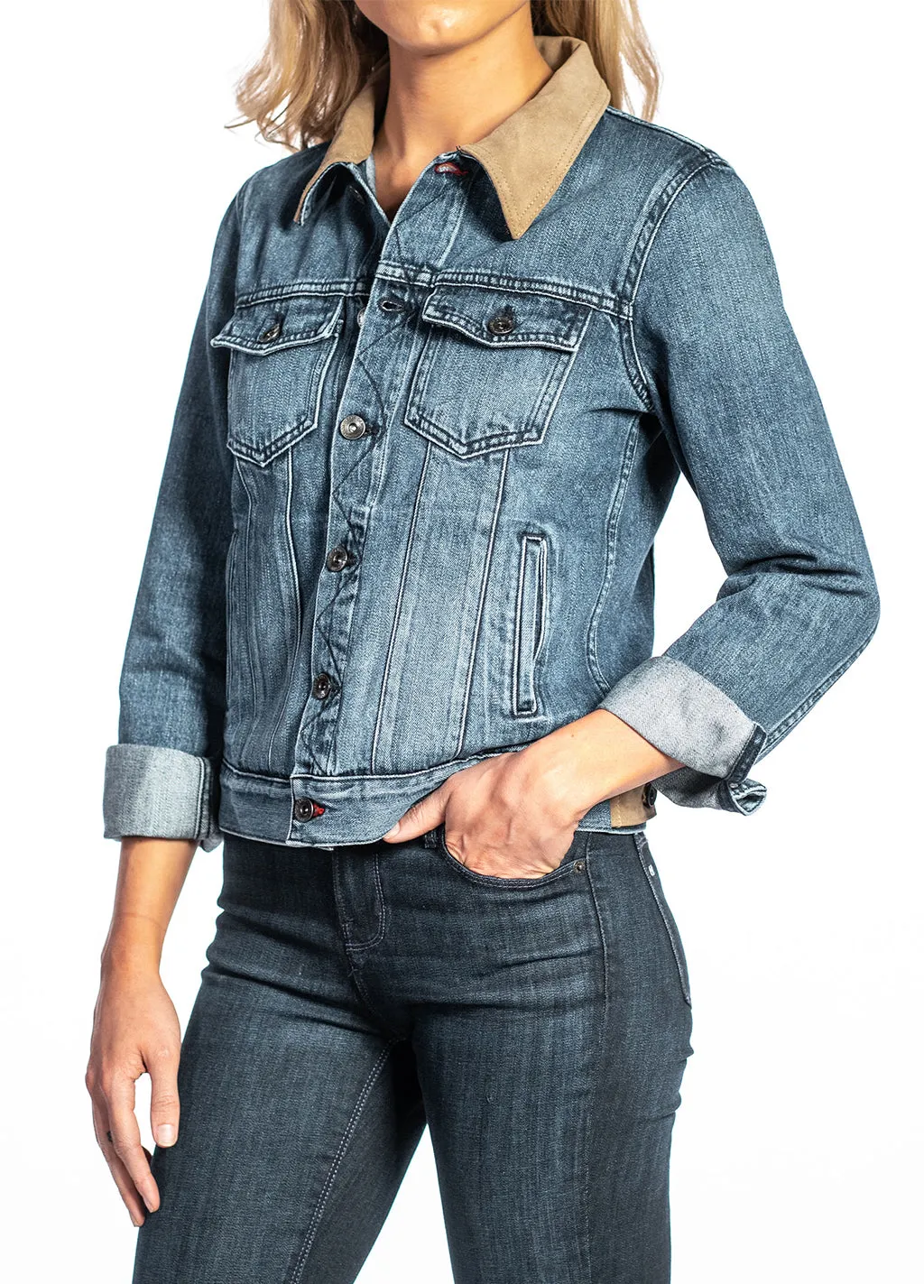 Denim & Taupe Suede Jacket (Indigo Stone) Navy Stitch