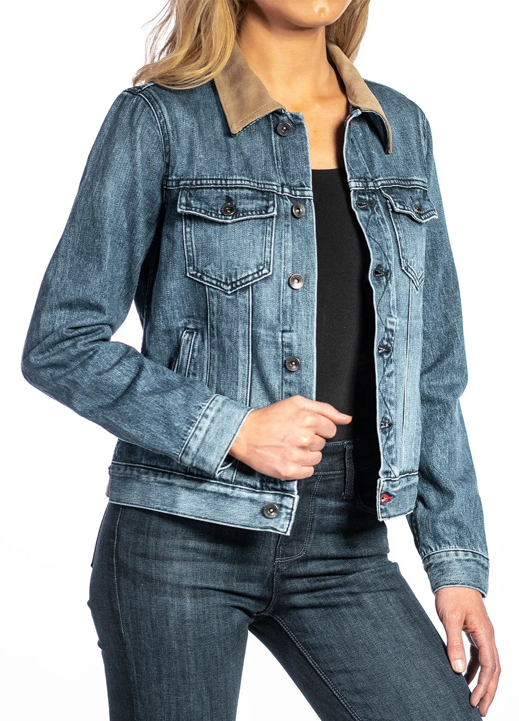 Denim & Taupe Suede Jacket (Indigo Stone) Navy Stitch