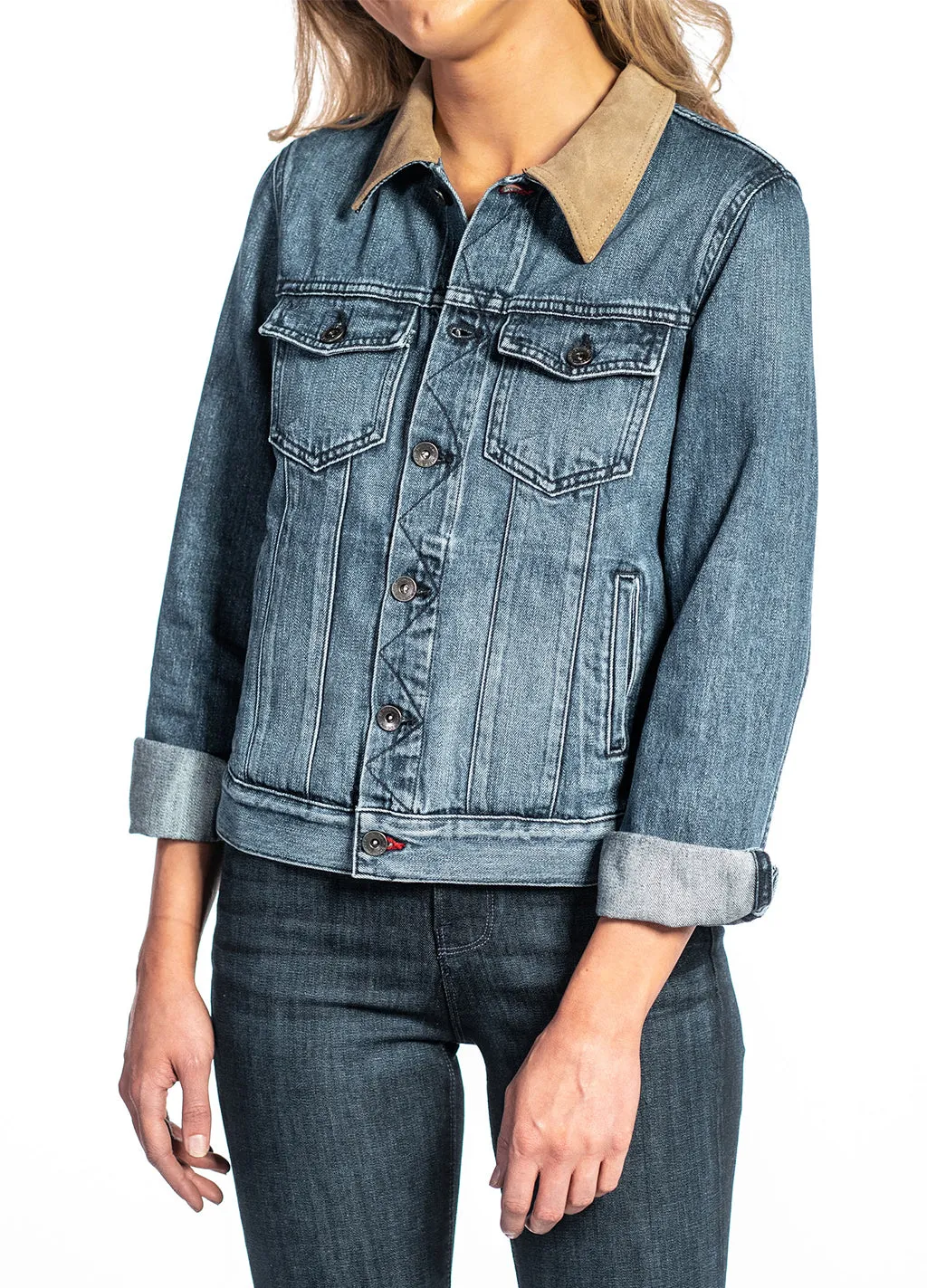 Denim & Taupe Suede Jacket (Indigo Stone) Navy Stitch