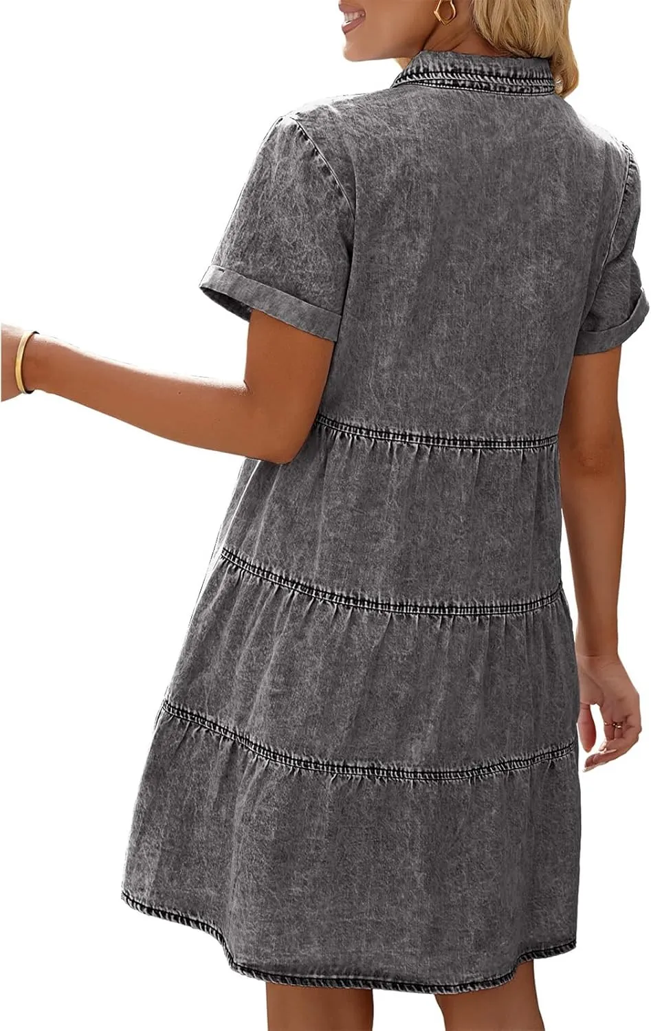 Denim Dress for Women Short Sleeve Button Down Jean Dresses Flowy Tiered Babydoll Denim Dress Jean Shirt Dresses