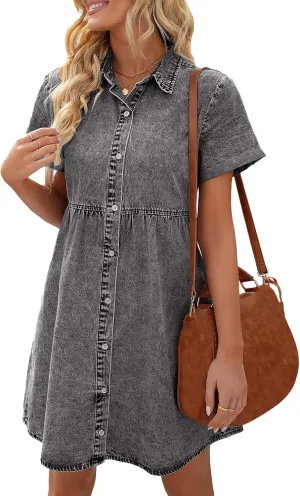 Denim Dress for Women Short Sleeve Button Down Jean Dresses Flowy Tiered Babydoll Denim Dress Jean Shirt Dresses