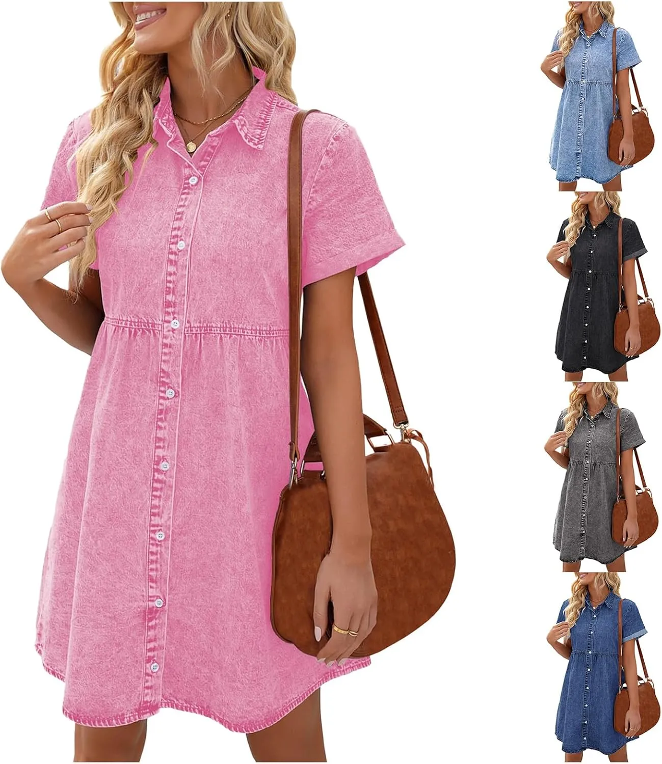 Denim Dress for Women Short Sleeve Button Down Jean Dresses Flowy Tiered Babydoll Denim Dress Jean Shirt Dresses