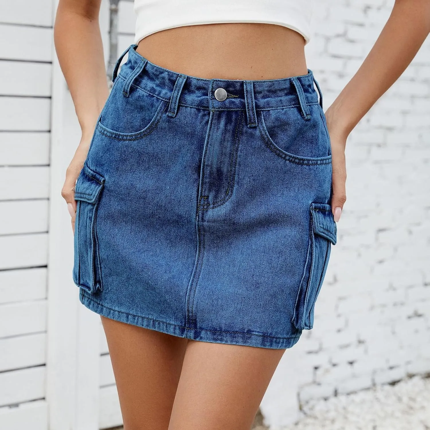 Denim Mini Skirts for Women Y2K Trendy Button High Waist Jean Skirts Casual Stretch Slim Fit Cargo Skirt with Pockets