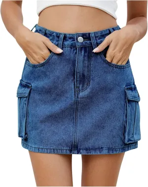 Denim Mini Skirts for Women Y2K Trendy Button High Waist Jean Skirts Casual Stretch Slim Fit Cargo Skirt with Pockets