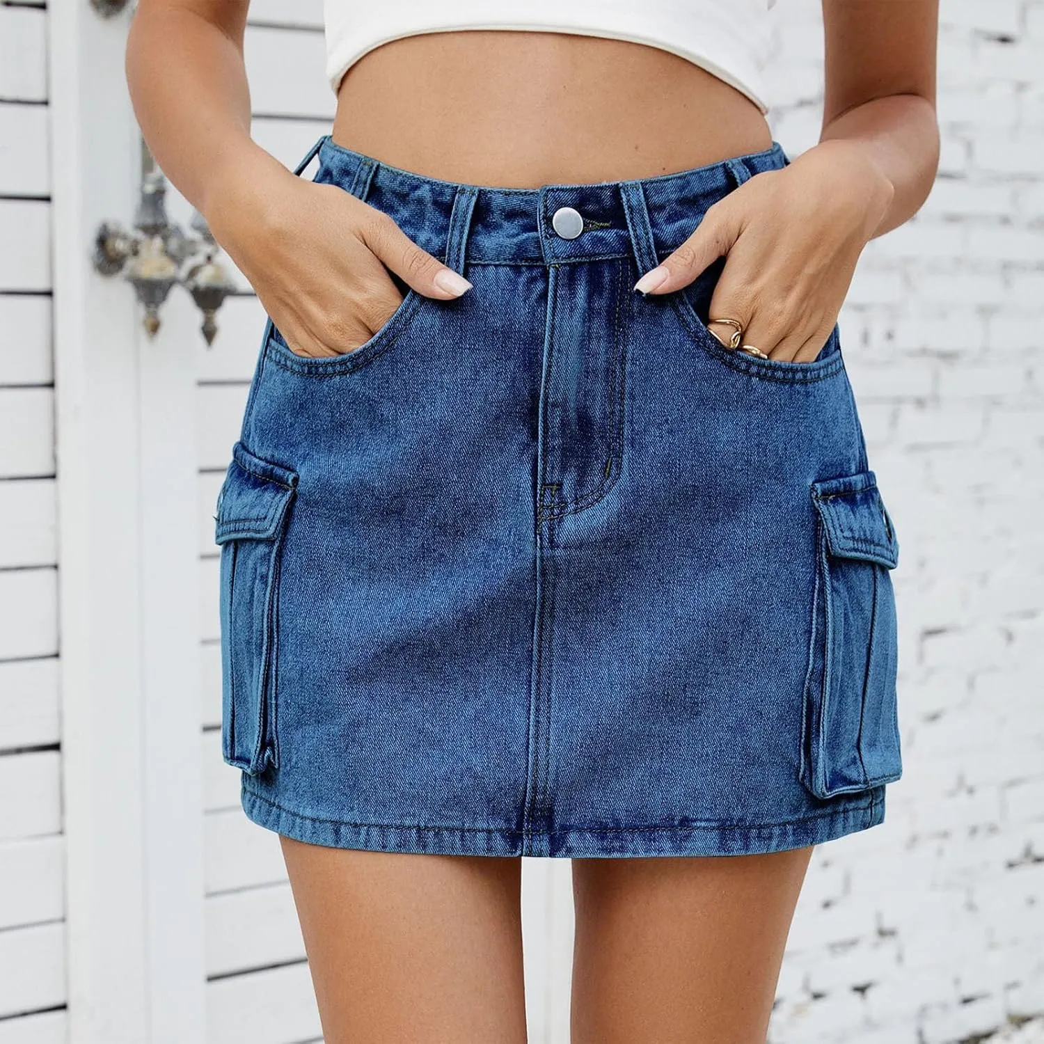 Denim Mini Skirts for Women Y2K Trendy Button High Waist Jean Skirts Casual Stretch Slim Fit Cargo Skirt with Pockets