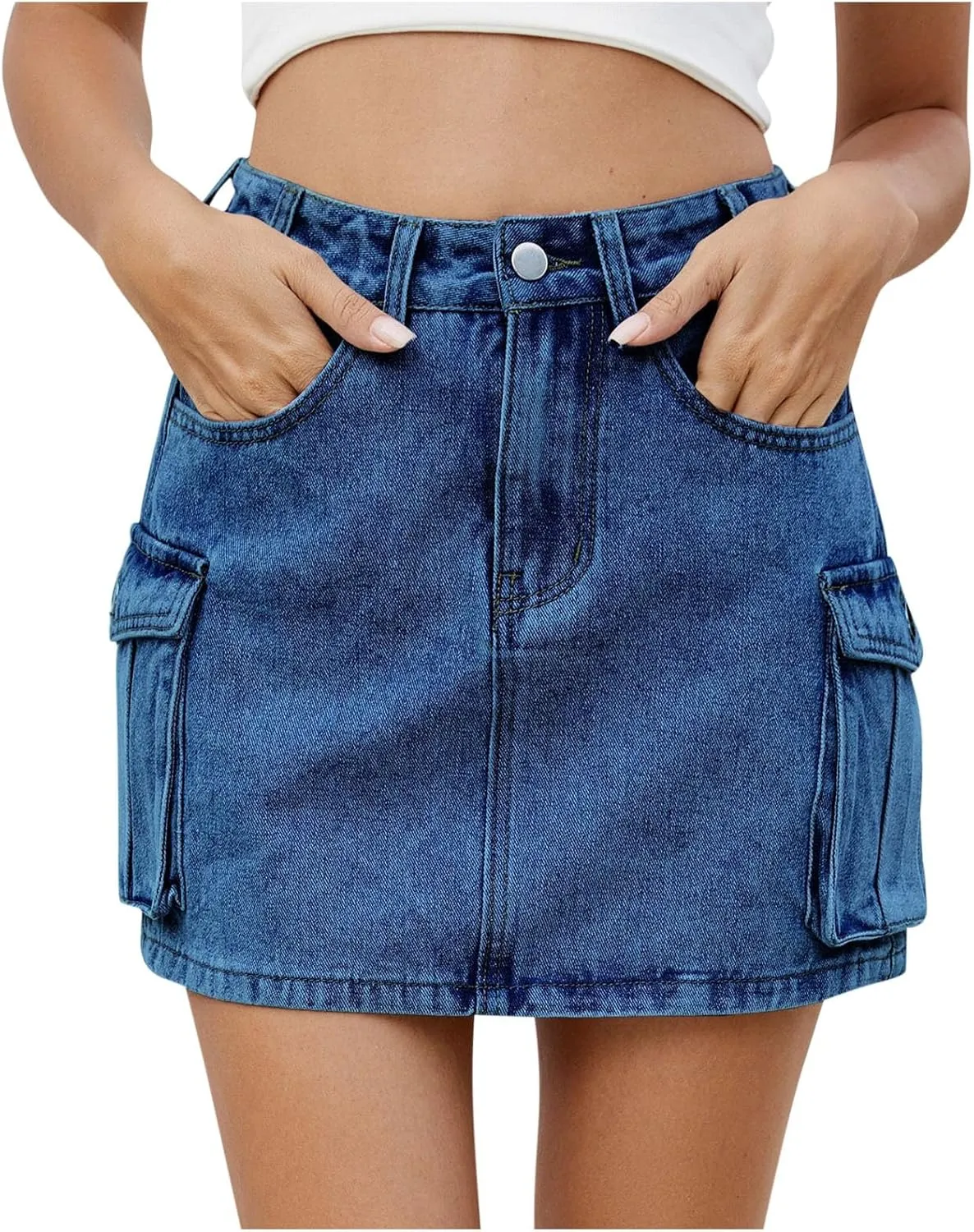 Denim Mini Skirts for Women Y2K Trendy Button High Waist Jean Skirts Casual Stretch Slim Fit Cargo Skirt with Pockets