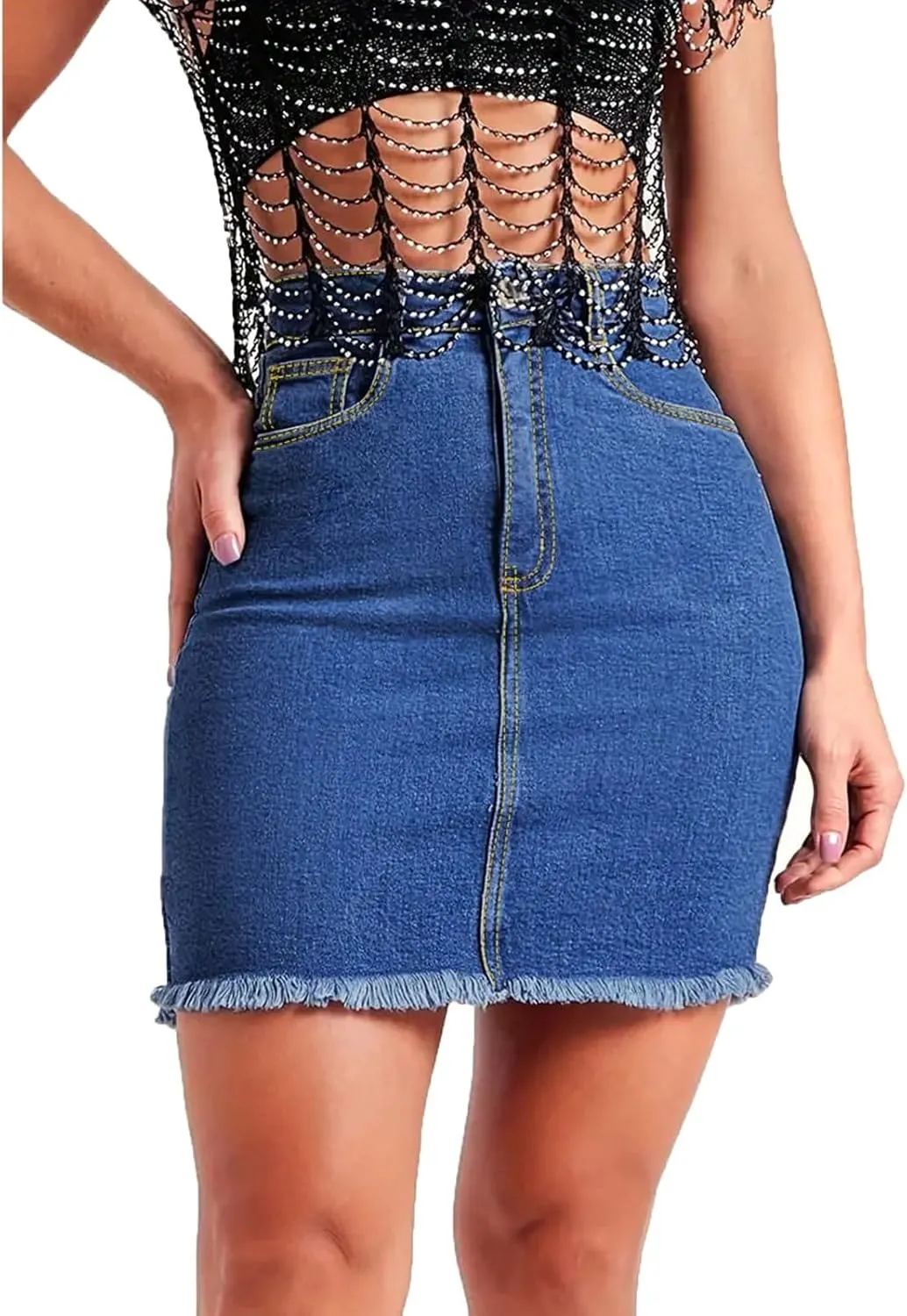 Denim Skirt Women High Waisted Short Mini Jean Skirts Summer Casual Frayed Hem Cute Skirts with Pockets