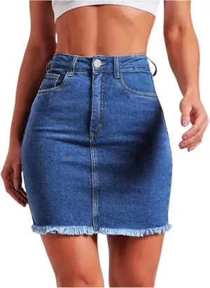 Denim Skirt Women High Waisted Short Mini Jean Skirts Summer Casual Frayed Hem Cute Skirts with Pockets