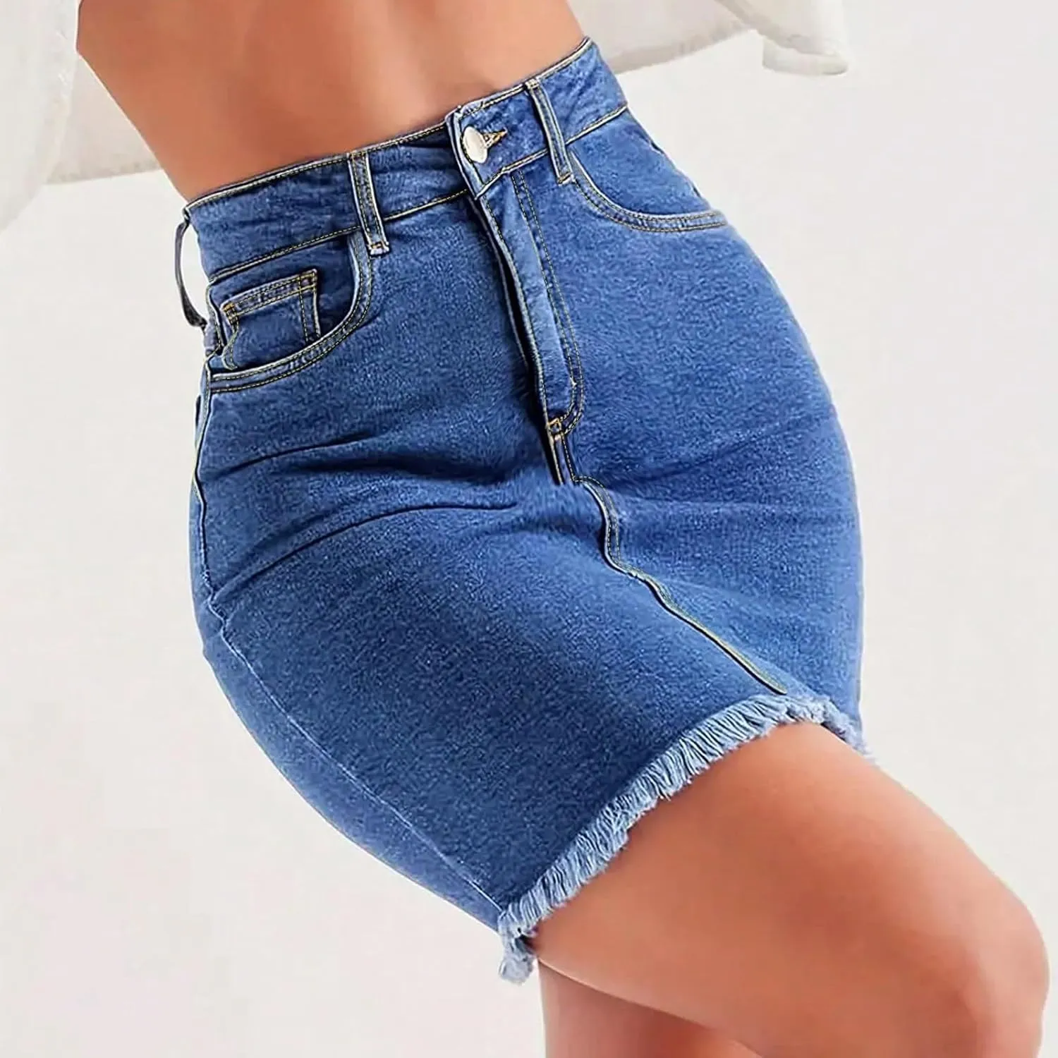 Denim Skirt Women High Waisted Short Mini Jean Skirts Summer Casual Frayed Hem Cute Skirts with Pockets