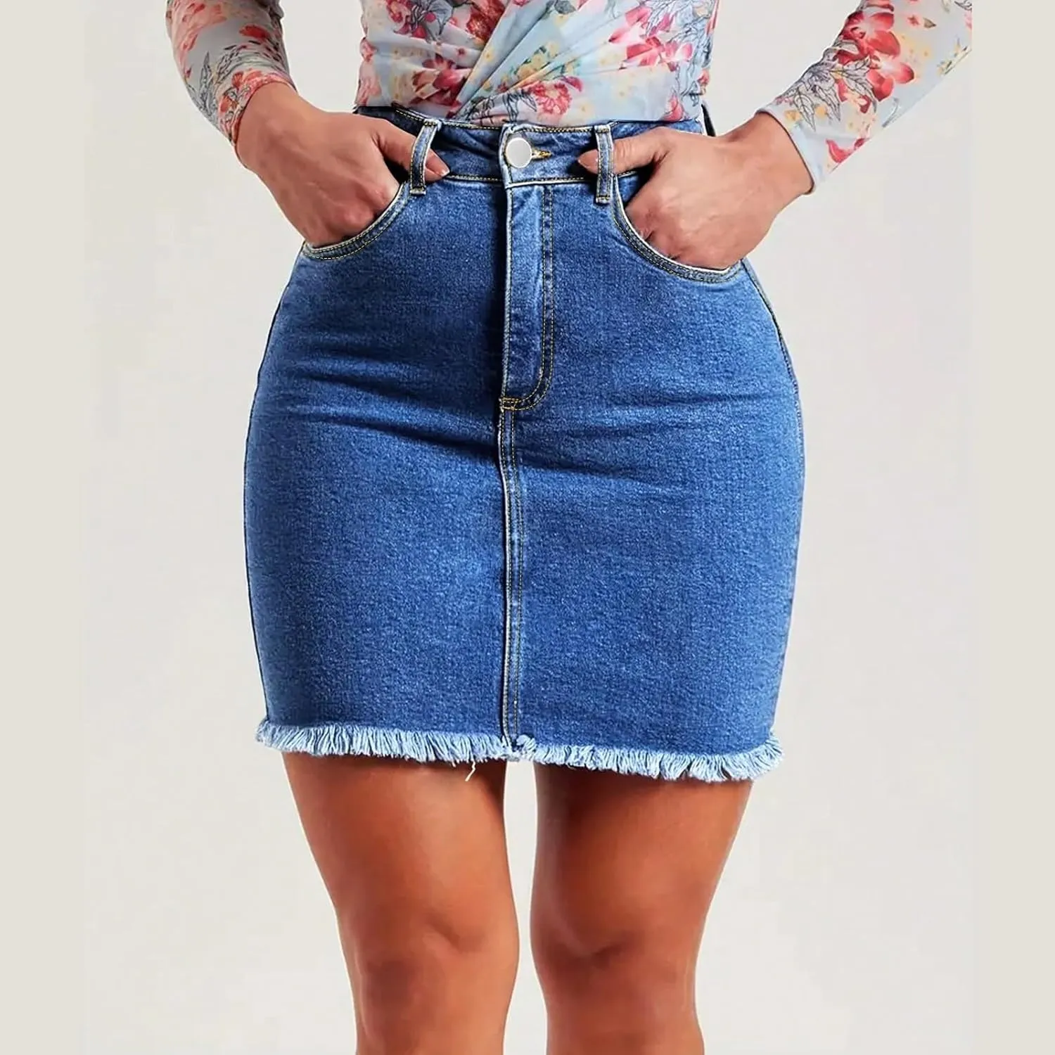 Denim Skirt Women High Waisted Short Mini Jean Skirts Summer Casual Frayed Hem Cute Skirts with Pockets