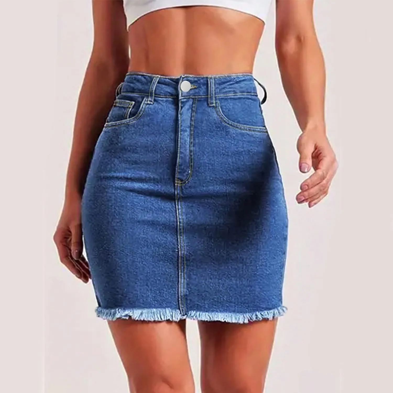 Denim Skirt Women High Waisted Short Mini Jean Skirts Summer Casual Frayed Hem Cute Skirts with Pockets