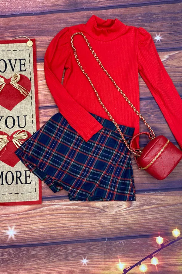 DLH2701 Red long sleeve top green/blue/red plaid skirt/shorts 2pc sets