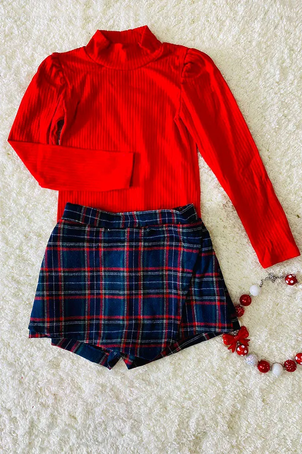 DLH2701 Red long sleeve top green/blue/red plaid skirt/shorts 2pc sets