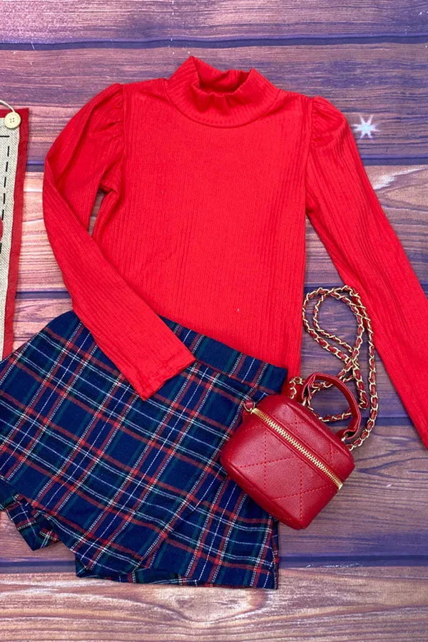 DLH2701 Red long sleeve top green/blue/red plaid skirt/shorts 2pc sets