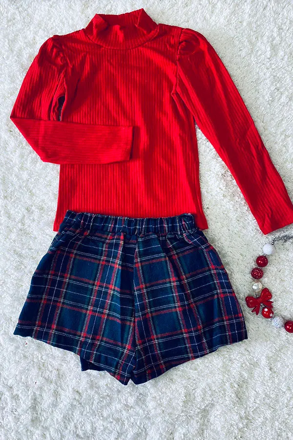 DLH2701 Red long sleeve top green/blue/red plaid skirt/shorts 2pc sets