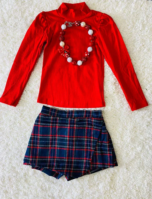 DLH2701 Red long sleeve top green/blue/red plaid skirt/shorts 2pc sets