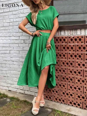 Drawstring Short Sleeve Top and Pleated Skirt Set