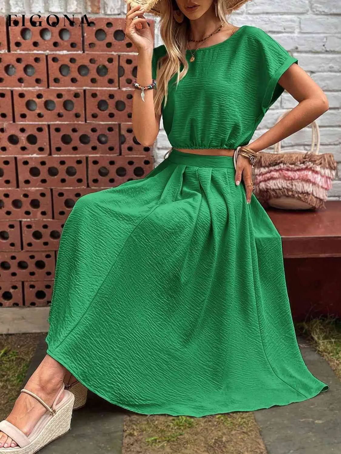 Drawstring Short Sleeve Top and Pleated Skirt Set
