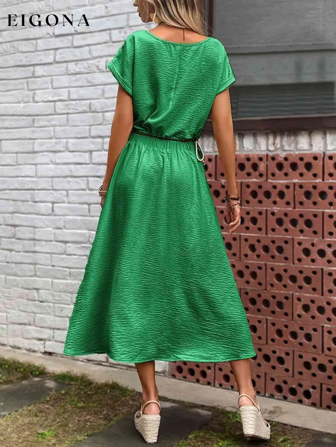 Drawstring Short Sleeve Top and Pleated Skirt Set