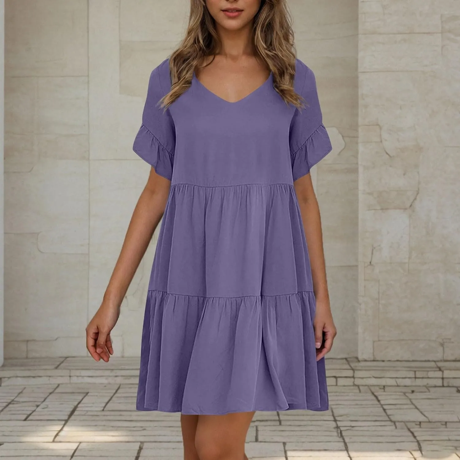 Dresses for Women Loose Fitted V Neck Short Ruffle Sleeve A Line Tiered Sundress Flowy Casual Trendy Mini Beach Dress