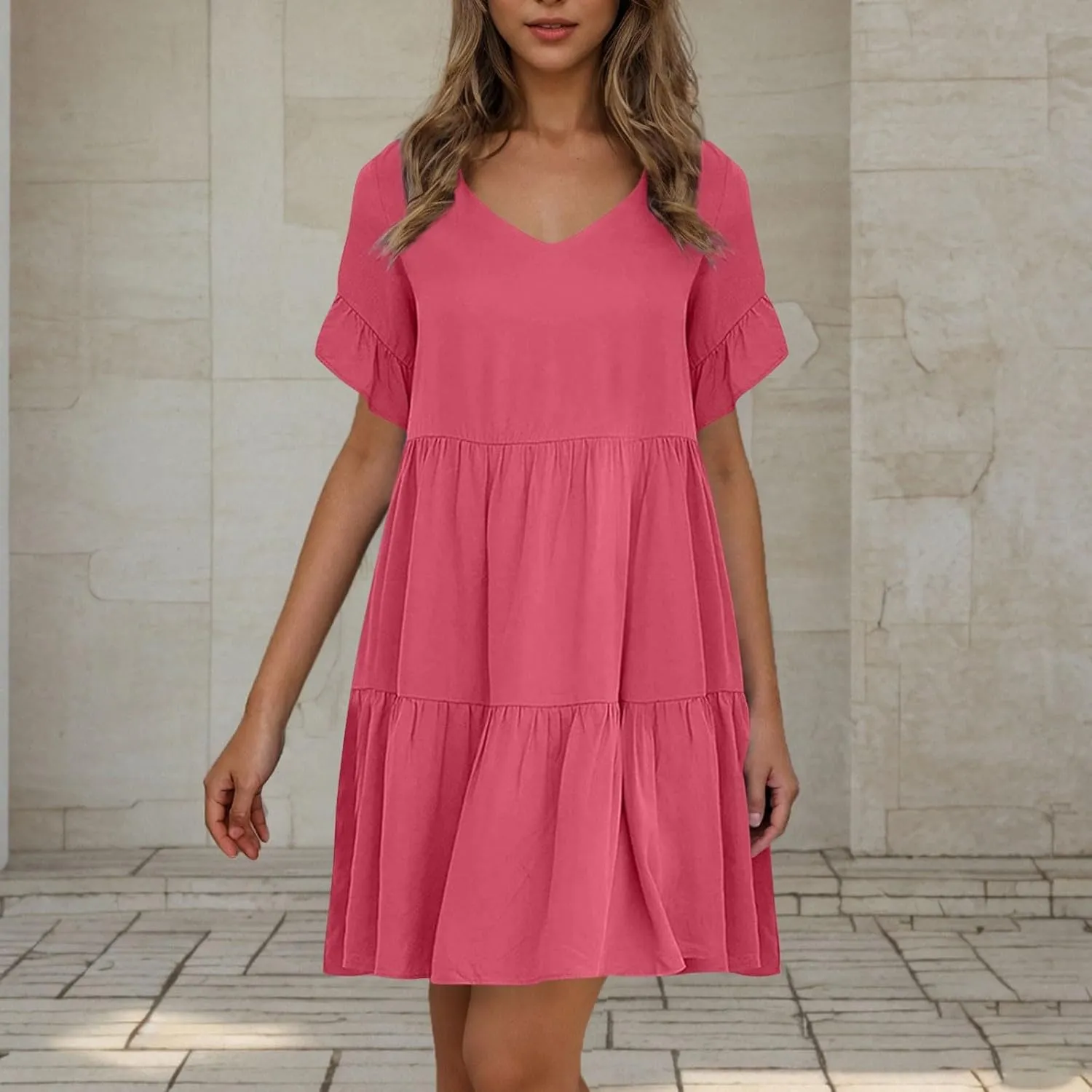 Dresses for Women Loose Fitted V Neck Short Ruffle Sleeve A Line Tiered Sundress Flowy Casual Trendy Mini Beach Dress