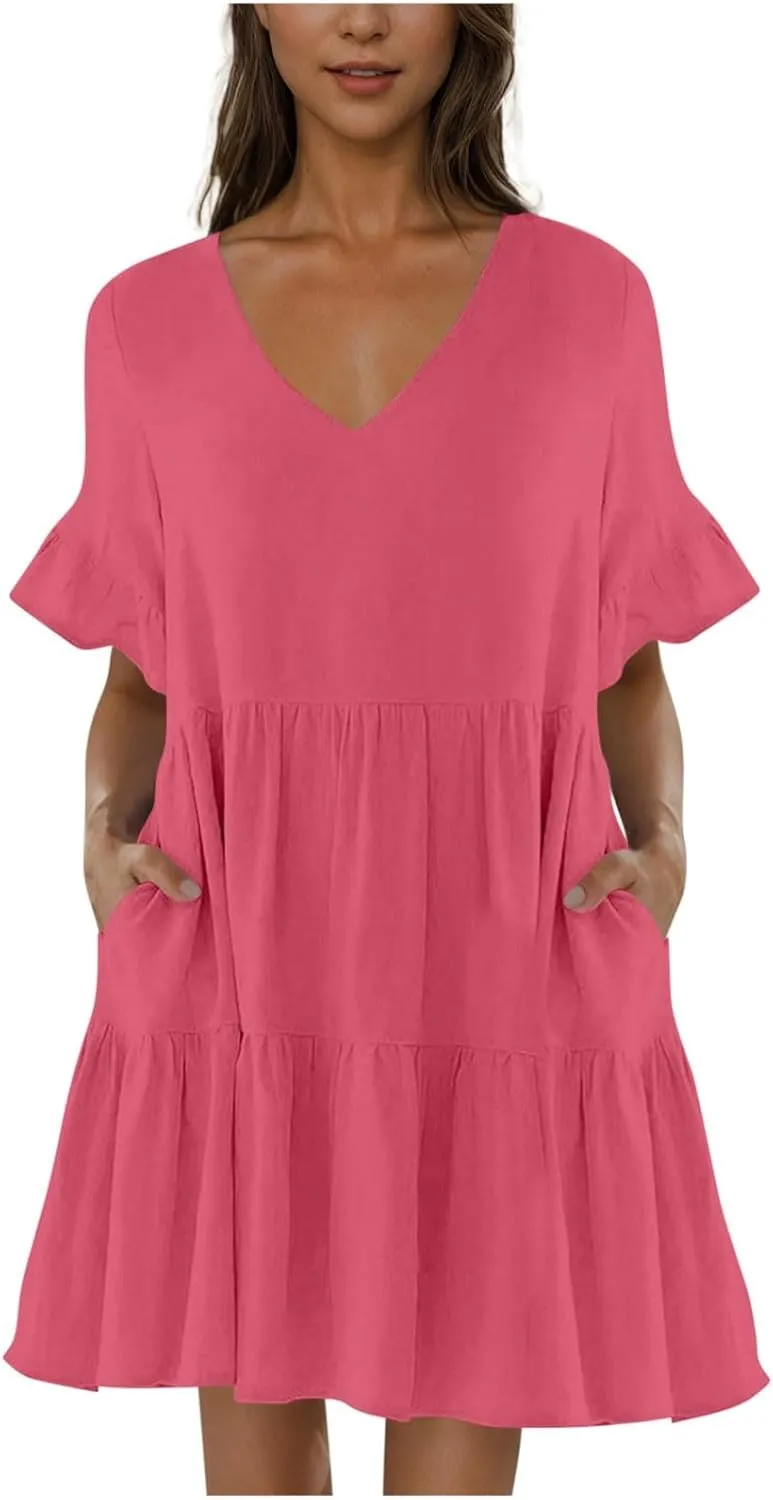Dresses for Women Loose Fitted V Neck Short Ruffle Sleeve A Line Tiered Sundress Flowy Casual Trendy Mini Beach Dress