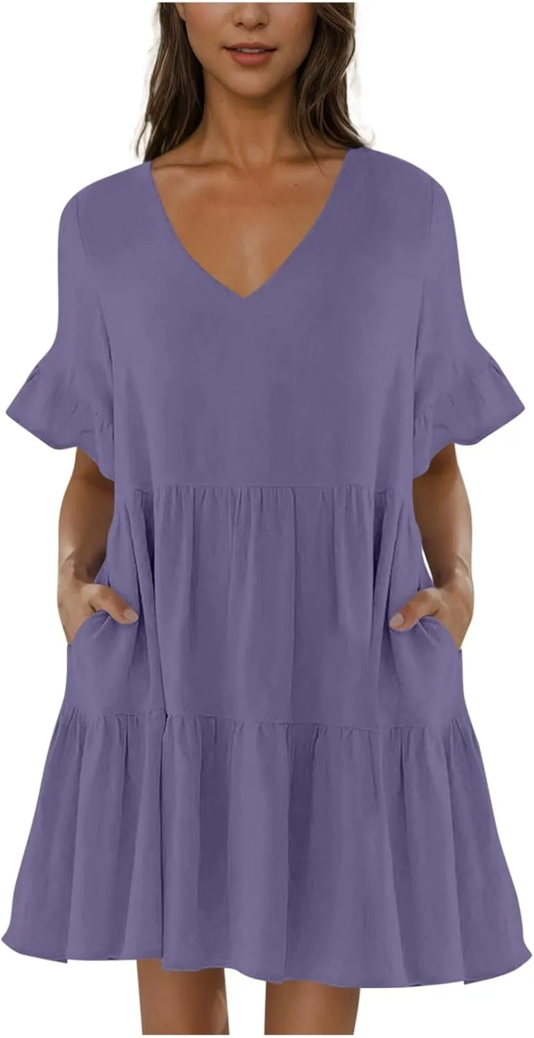 Dresses for Women Loose Fitted V Neck Short Ruffle Sleeve A Line Tiered Sundress Flowy Casual Trendy Mini Beach Dress