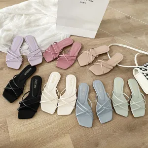 DUNNMALL  Fairy Style Women's Slippers New 2022 Summer Outdoor Wear Korean Style Simple Thin Strap Square Toe Flat Bottom Beach Slippers Fashion