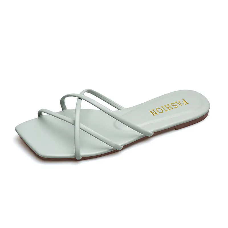 DUNNMALL  Fairy Style Women's Slippers New 2022 Summer Outdoor Wear Korean Style Simple Thin Strap Square Toe Flat Bottom Beach Slippers Fashion