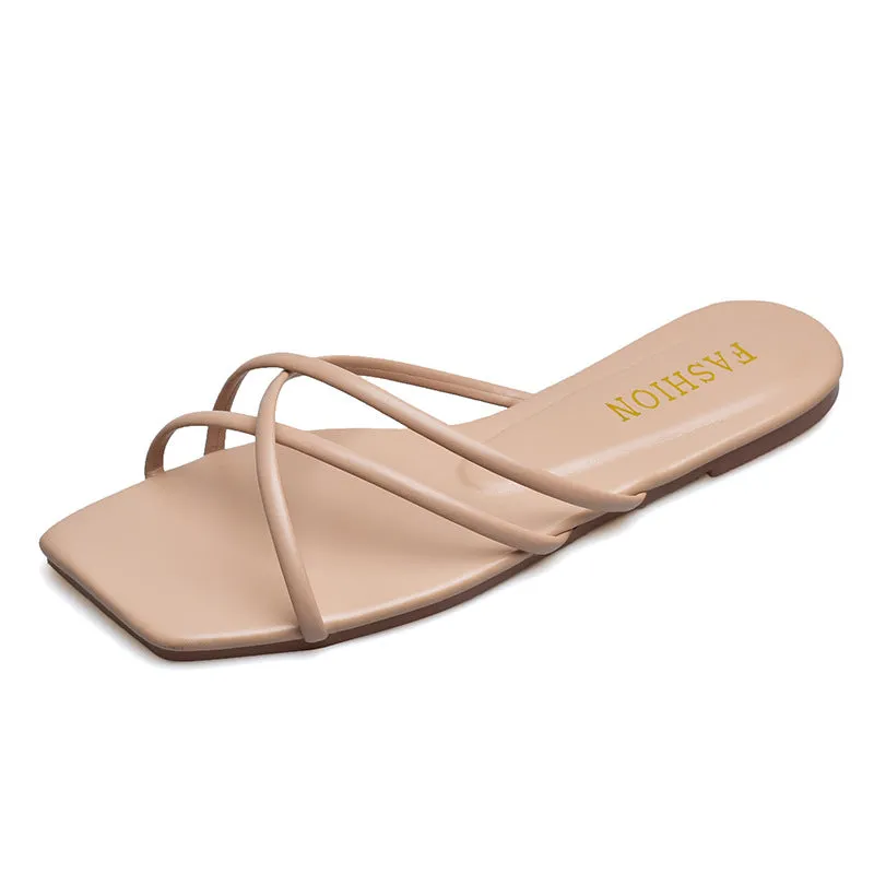DUNNMALL  Fairy Style Women's Slippers New 2022 Summer Outdoor Wear Korean Style Simple Thin Strap Square Toe Flat Bottom Beach Slippers Fashion