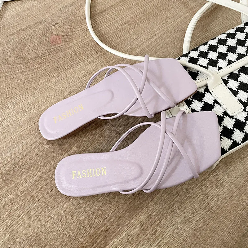 DUNNMALL  Fairy Style Women's Slippers New 2022 Summer Outdoor Wear Korean Style Simple Thin Strap Square Toe Flat Bottom Beach Slippers Fashion