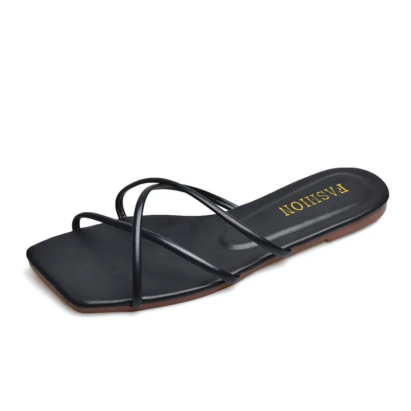 DUNNMALL  Fairy Style Women's Slippers New 2022 Summer Outdoor Wear Korean Style Simple Thin Strap Square Toe Flat Bottom Beach Slippers Fashion