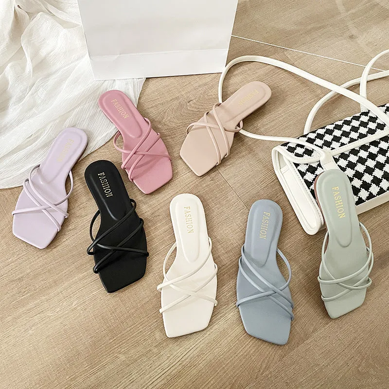DUNNMALL  Fairy Style Women's Slippers New 2022 Summer Outdoor Wear Korean Style Simple Thin Strap Square Toe Flat Bottom Beach Slippers Fashion