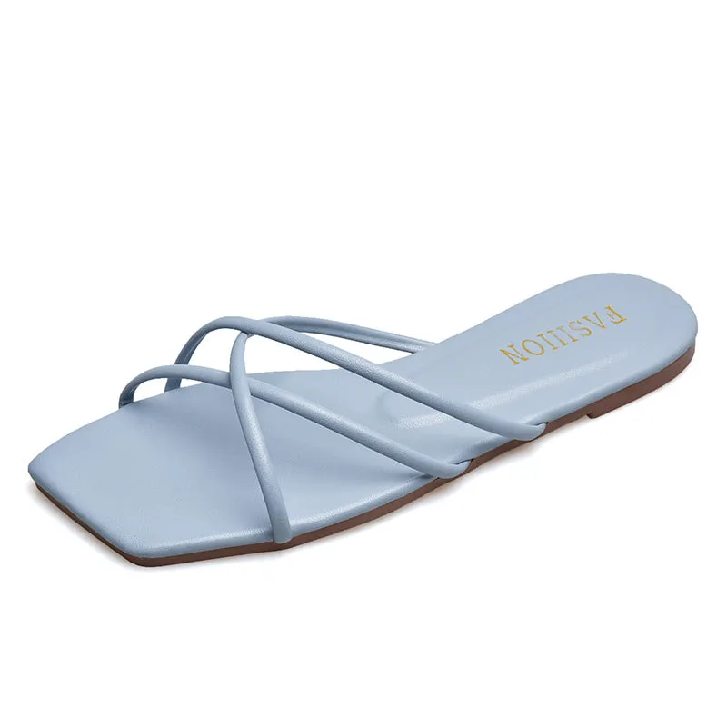 DUNNMALL  Fairy Style Women's Slippers New 2022 Summer Outdoor Wear Korean Style Simple Thin Strap Square Toe Flat Bottom Beach Slippers Fashion