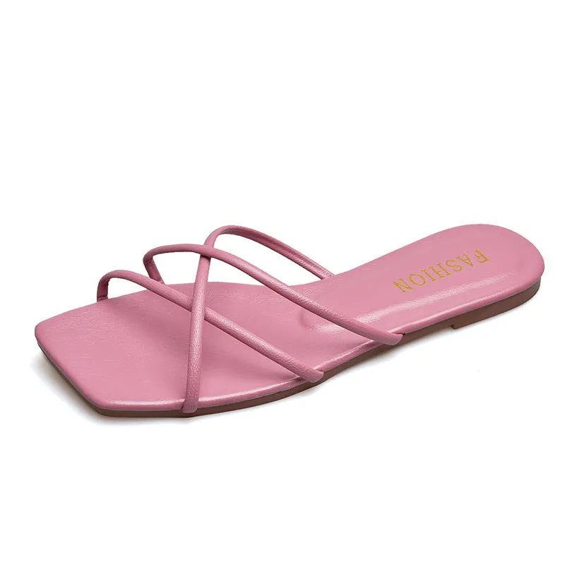 DUNNMALL  Fairy Style Women's Slippers New 2022 Summer Outdoor Wear Korean Style Simple Thin Strap Square Toe Flat Bottom Beach Slippers Fashion