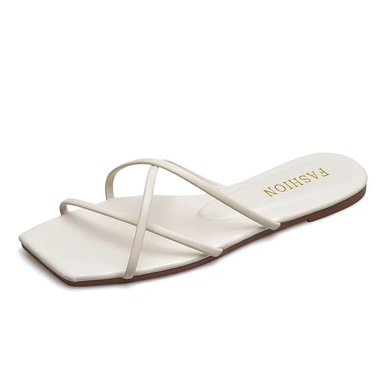 DUNNMALL  Fairy Style Women's Slippers New 2022 Summer Outdoor Wear Korean Style Simple Thin Strap Square Toe Flat Bottom Beach Slippers Fashion