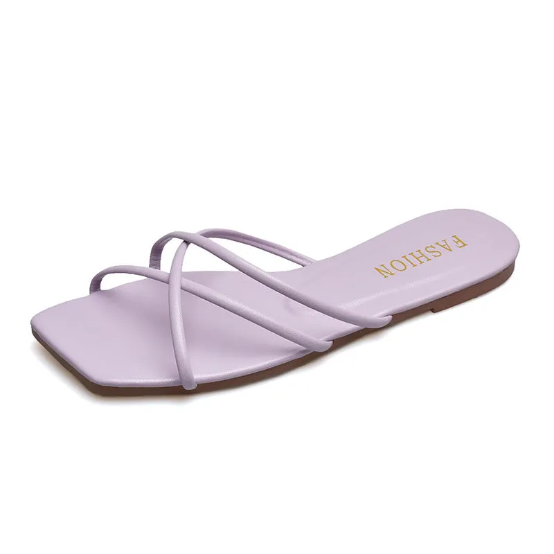 DUNNMALL  Fairy Style Women's Slippers New 2022 Summer Outdoor Wear Korean Style Simple Thin Strap Square Toe Flat Bottom Beach Slippers Fashion