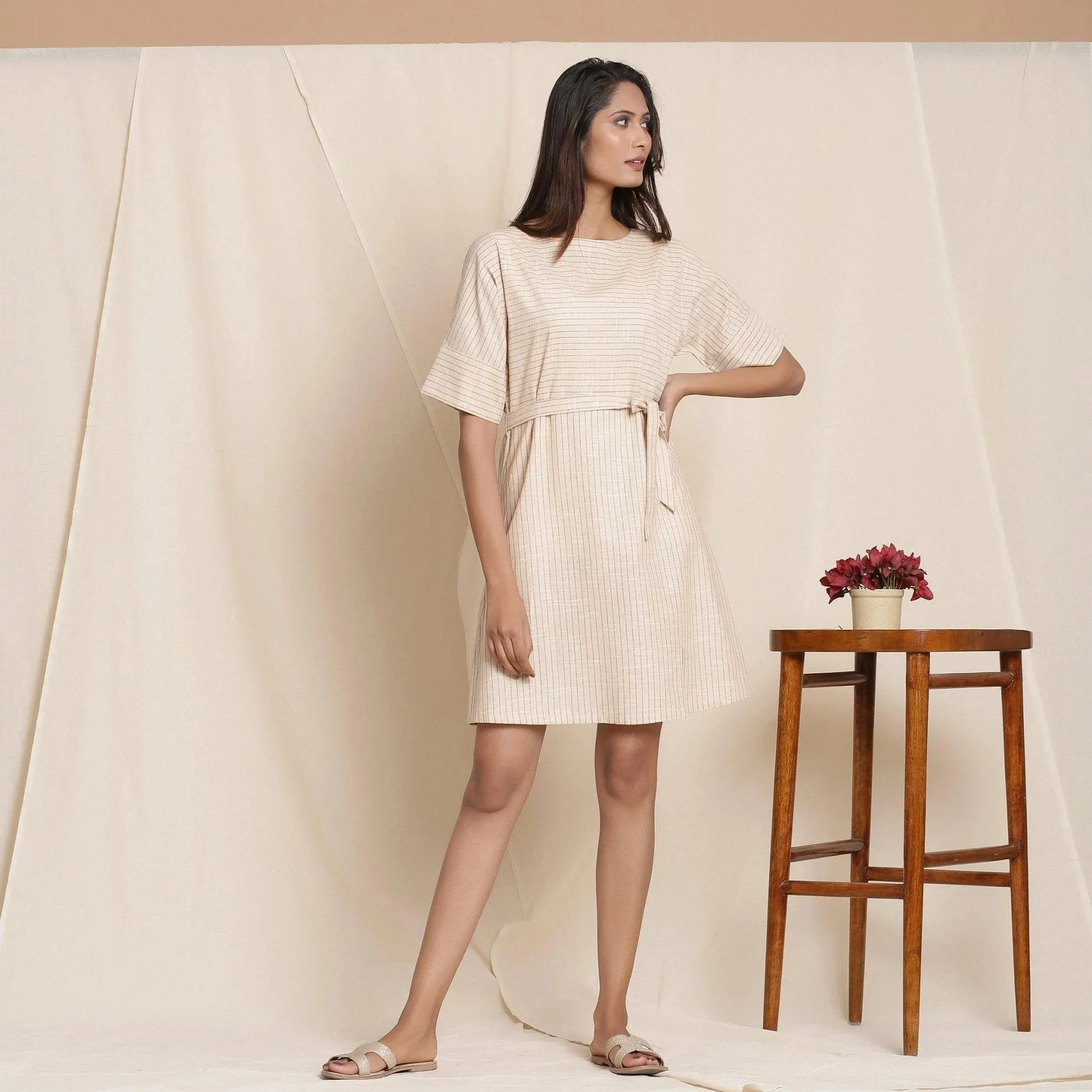 Dusk Beige Striped 100% Cotton Short Sack Dress
