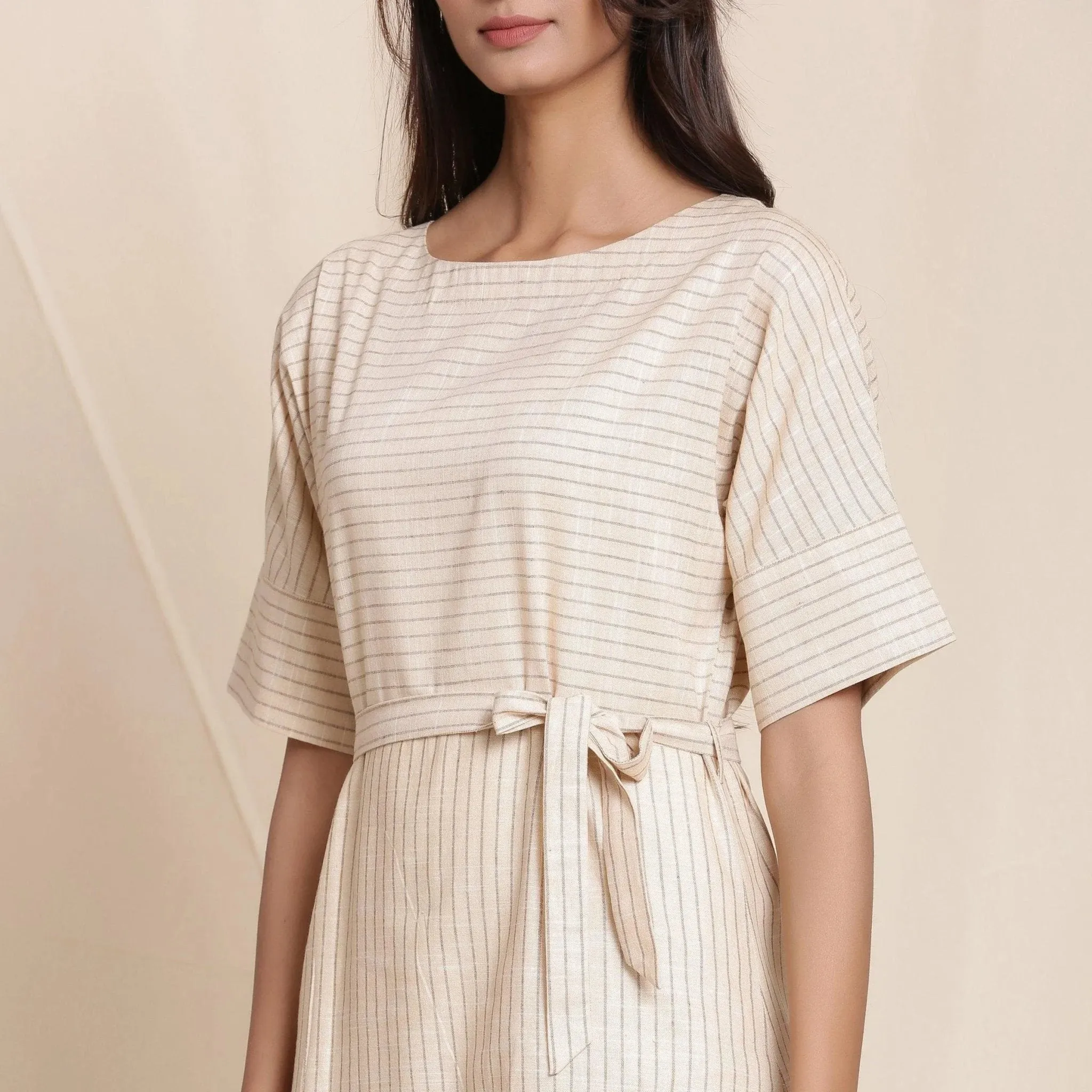 Dusk Beige Striped 100% Cotton Short Sack Dress