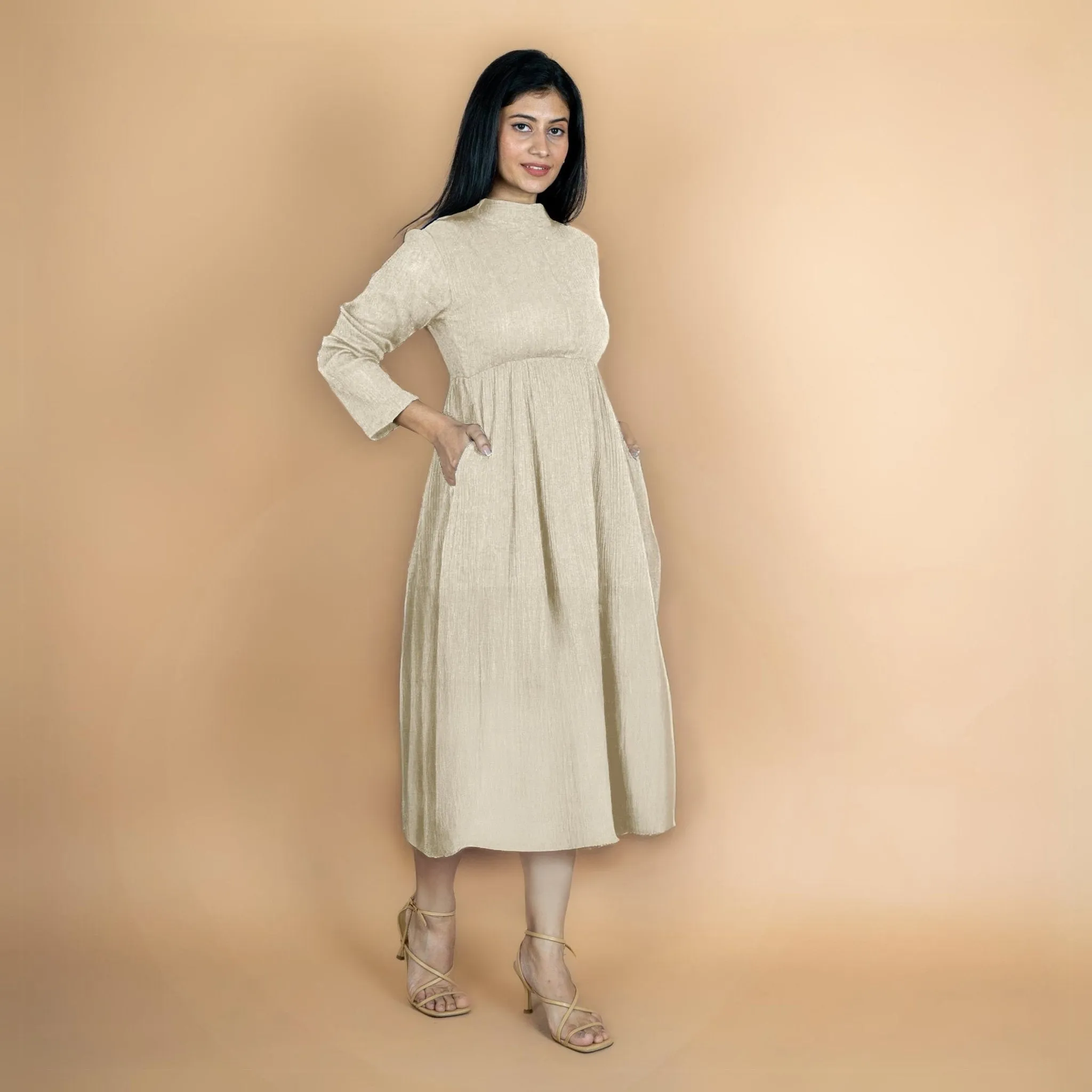 Ecru Crinkled Cotton Flax Fit and Flare Maxi Empire Dress