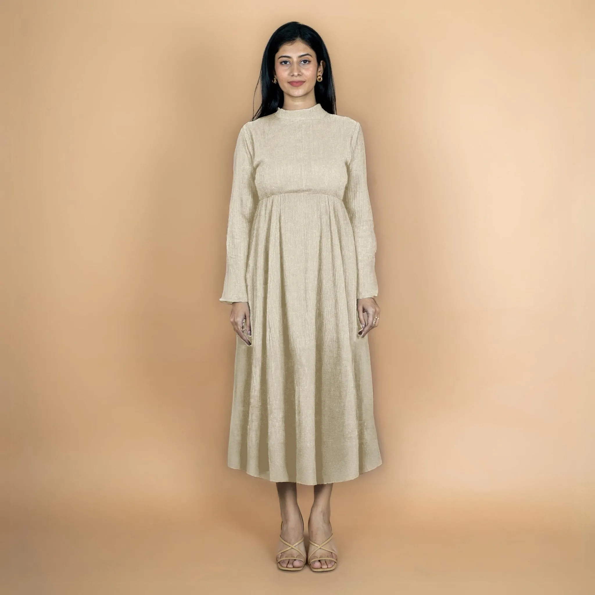 Ecru Crinkled Cotton Flax Fit and Flare Maxi Empire Dress