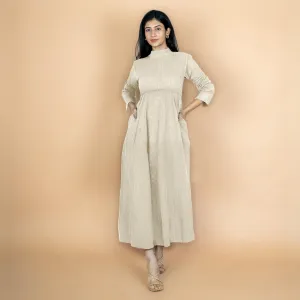 Ecru Crinkled Cotton Flax Fit and Flare Maxi Empire Dress