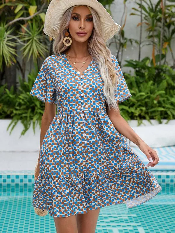 Effortlessly Chic V Neck Relaxed Fit Summer Dress - Trendy Short Sleeve Style