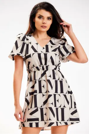 Elegant Beige Crepe Mini Dress with Heart Neckline and Elastic Waist - Daydress Awama