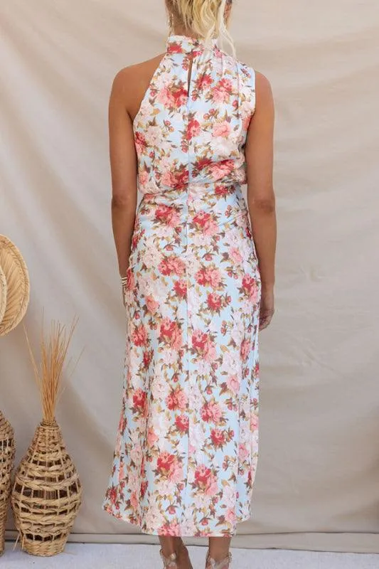 Elegant Floral Satin Halter Neck Dress - Women's Fashion Statement