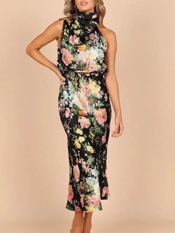 Elegant Floral Satin Halter Neck Dress - Women's Fashion Statement