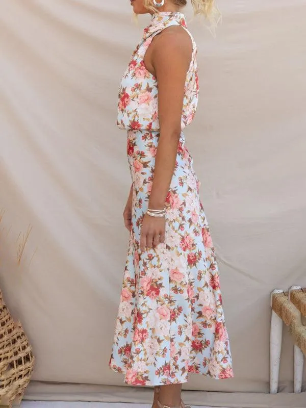 Elegant Floral Satin Halter Neck Dress - Women's Fashion Statement