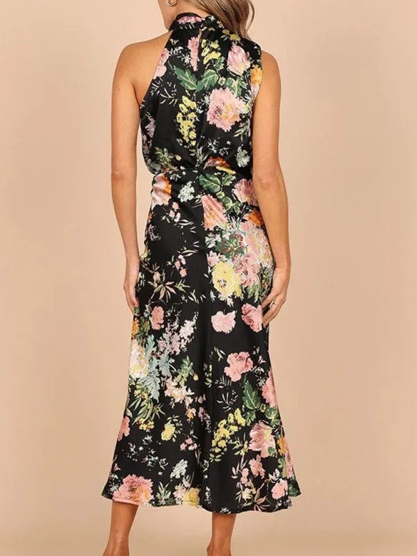 Elegant Floral Satin Halter Neck Dress - Women's Fashion Statement